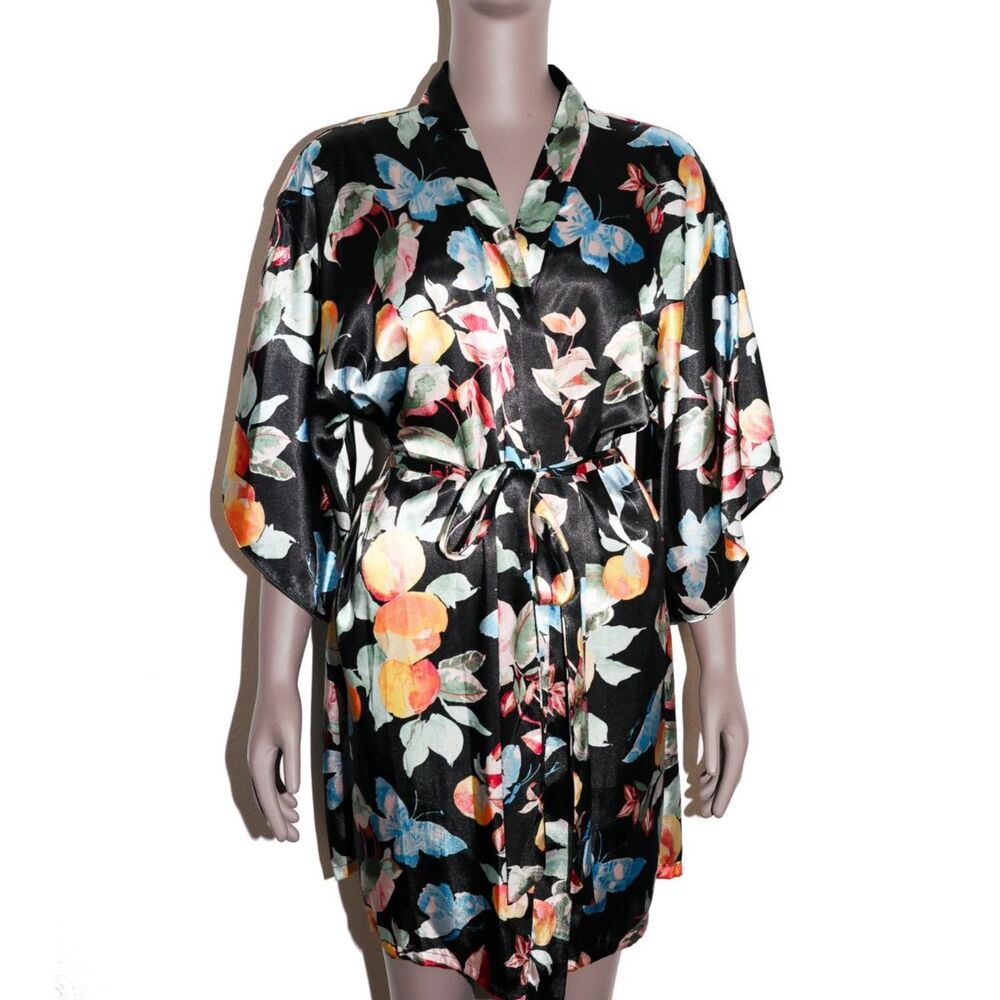 Black Floral Satin Robe Womens Loungewear Sleepwear Size Medium‎